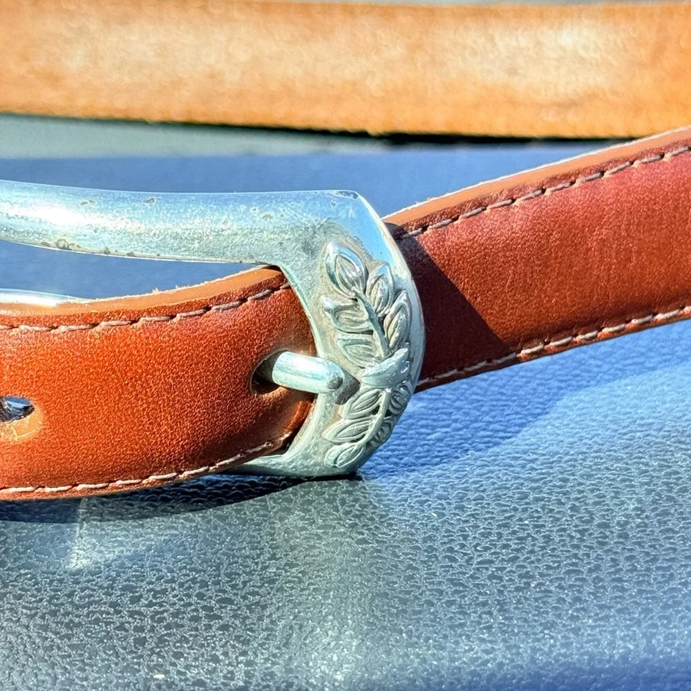 Brighton Brown Leather Belt Silver Buckle Charm Detail Size L 34”